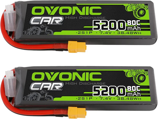 OVONIC 2S LiPo BATTERY 5200 mAh 7.4v 80c - QTY (2) BATTERIES