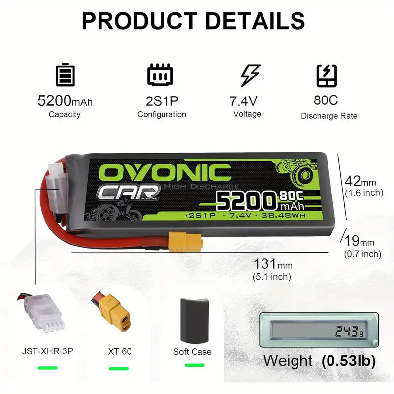 (2) OVONIC 2S LiPo BATTERY 5200 mAh 7.4v 80c