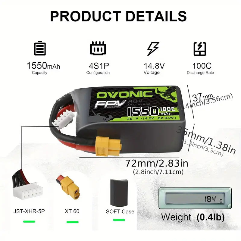 OVONICS 4S LiPo BATTERY 1550 mAh 100c 14.8V FPV DRONE RACING BATTERY