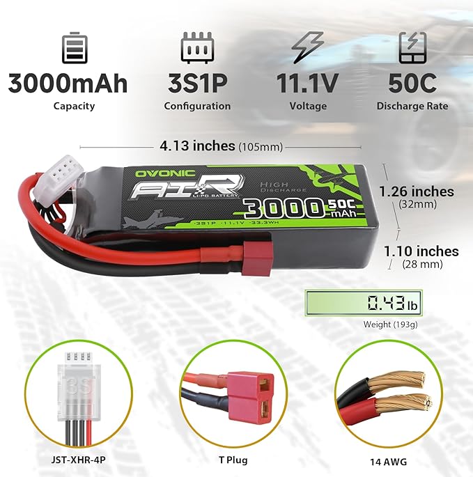 OVONICS AIR 3S LiPo BATTERY 3000 mAh 50c 11.1V WITH VOLTAGE TESTER