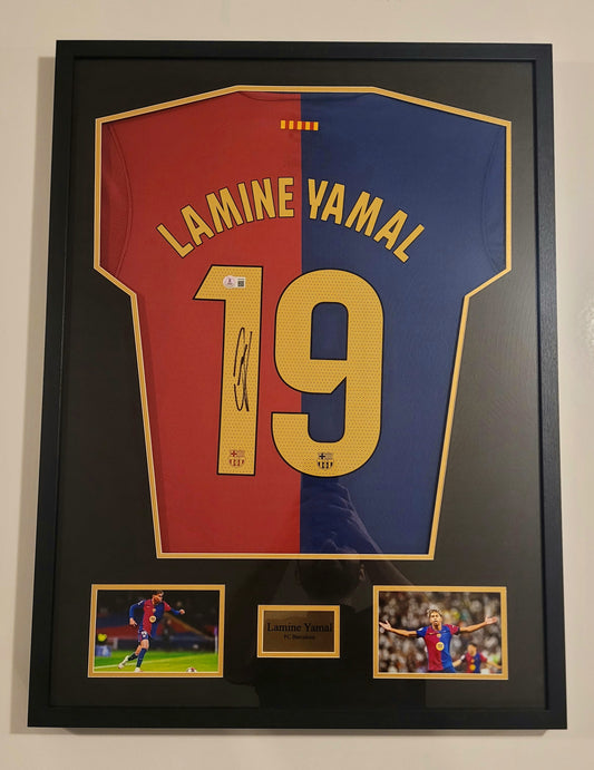LAMINE YAMAL SIGNED BARCELONA JERSEY  BAS/BGS FRAMED
